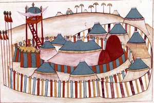 Osmanisches Lager. Miniatur aus "Türkische Denkmäler" (Codex Cicogna 1971 "Memorie Turchesche") Aquarell aus der venezianischen Schule des 17. Jahrhunderts