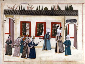 Der Sultan besucht die Favoritin mit der Mutter und dem Oberhaupt der Eunuchen. Miniatur aus „Türkische Denkmäler“ (Codex Cicogna 1971 „Memorie Turchesche“) Aquarell aus der venezianischen Schule des 17. Jahrhunderts. von Venetian School