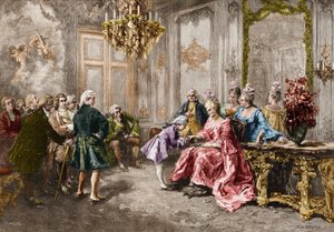 Wolfgang Amadeus Mozart (1756-1791) bei Madame (Marquise) de Pompadour (Die Familie Mozart während der Europatournee) (1763-1766). Gravur nach dem Gemälde von M. V. de Paredes.