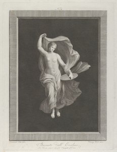 Eine teilweise nackte Bacchantin hält eine Scheibe in ihrer linken Hand und hebt ihre Gewänder, ca. 1795-1820
