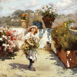 Ein junges Mädchen sammelt Blumen im Sonnenschein
