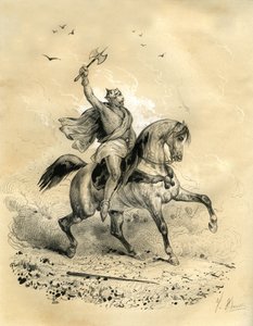 Karl Martell (688-741) besiegte die arabischen Truppen in Poitiers im Jahr 732. Gravur von Victor Adam (1801-1866) im Buch „Frankreich im Mittelalter“ veröffentlicht von den Ardant-Brüdern Mitte des 19. Jahrhunderts.