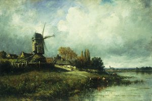 Eine Flusslandschaft mit einer Windmühle, 1870 von Leon Victor Dupre