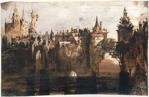 Stadt mit einer gebrochenen Brücke (Graphit, Indische Tinte und Sepia auf Papier) von Victor Hugo