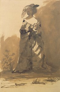 Frau mit Mantel und Federhut