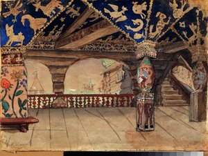 Bühnenbild für das Theaterstück "Schneemädchen" von A. Ostrovsky (Holzterrasse)