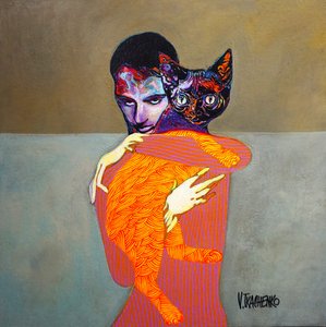 Lebhafter Mann-Katze-Umarmung