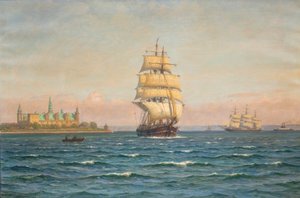 Segelschiffe und eine Fähre vor Kronborg von Vilhelm Arnesen