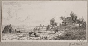 Landschaft mit einem Bauernhaus und einer Hütte