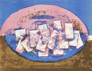 Blaue und rosa Ellipse mit Quadraten auf braunem und blauem Hintergrund