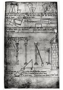 Ms.Fr.19093 fol.20v Geometrische Figuren für den Bau, Bögen und ein Mann, der die Höhe eines Turms misst (Faksimile) von Villard de Honnecourt