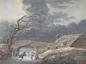 Winterlandschaft mit Schlittschuhläufern auf einem zugefrorenen Kanal