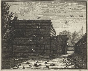 Mann hinter einem Zaun bei einer Vogelfalle von Vincent Laurensz. van der Vinne (II)