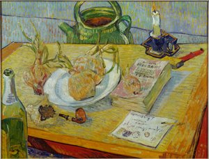 Stilleben mit Zeichenbrett, Pfeife, Zwiebeln und Siegellack