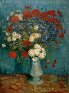 Stillleben: Vase mit Kornblumen und Mohnblumen