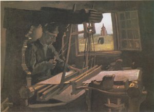 Weber vor einem offenen Fenster mit Blick auf den Turm von Nuenen von Vincent van Gogh