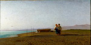 Ansicht des Strandes von Viareggio bei Sonnenaufgang an der toskanischen Küste, zwei Kindersilhouetten