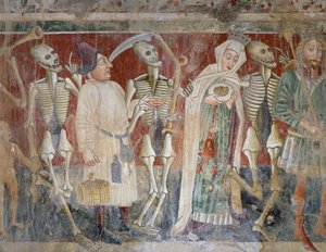 Bei Pazin, Königin und Kaufmann begleitet vom Tod, Totentanz (1474), Detail, Fresko in der Friedhofskirche St. Maria von Felsen, von Vincenzo da Castua, Beram, Istrien, Kroatien von Vincenzo di Castua