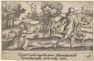 Atalanta und Hippomenes, im Vordergrund kniet Atalanta, um einen Apfel aufzuheben