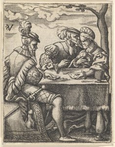 Zwei Männer und eine Frau spielen Karten an einem Tisch, ein Mann drückt seine Nase..., ca. 1535-62