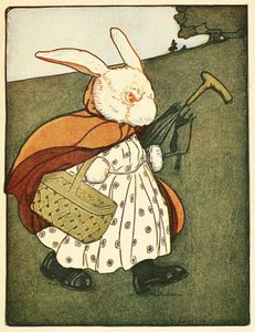 Dann ging die alte Frau Kaninchen ... durch den Wald zum Bäcker, aus The Tale of Peter Rabbit, veröffentlicht 1916 (Farblithografie) von Virginia Albert