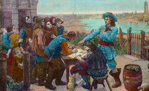 Der französische Freibeuter Jean Bart mit Fischern in Dünkirchen - Der Freibeuter Jean Bart (1650-1702) mit den Fischern von Dünkirchen - Gravur nach dem Gemälde von Virginie Demont-Breton (Demont Breton), das während des Zweiten Weltkriegs zerstört wurde