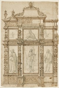 Studie für ein Altarbild mit sechs Bildern in einer verzierten Rahmenstruktur. Oben: Die Stigmatisation des Hl. Franziskus, Madonna mit Kind, Hl. Hieronymus in der Wildnis; unten: Hl. Laurentius, Sebastian und Rochus von Vittore Carpaccio
