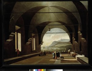 Gewölbte Galerie mit Meereslandschaft im Hintergrund