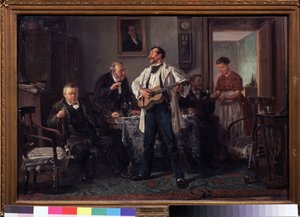 Die Kumpels. Versammelt um einen Tisch in einem Salon hören sie einem Gitarristen zu, der singt, während eine Frau ihnen eine neue Flasche Wein bringt. Gemälde von Wladimir Jegorowitsch Makowski (1846-1920), Öl auf
