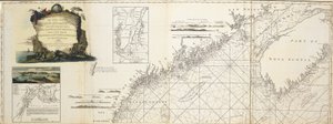 Eine neue und korrekte Karte der Küste von Neuengland und New York mit den angrenzenden Teilen von Nova Scotia und New Brunswick von Kap Sable bis zum Eingang des Hudsons oder North River von Captain Holland; Ansicht von Hell Gate von W. A. Williams 1777 (