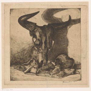 Stillleben mit Rinderschädel, Krug und Tuch von W. Marchal