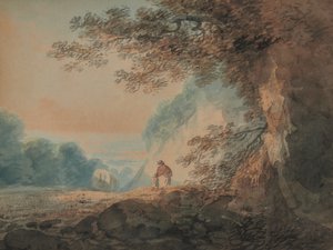 Landschaft, Baum im rechten Vordergrund, Karren und Figuren von Frau und Kind von W Payne