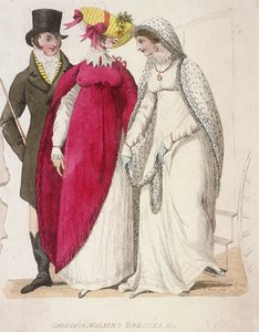 Zwei Frauen in Spazierkleidern begleitet von einem Mann, ca. 1810 von W Read