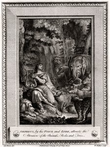 Orpheus, durch seine Stimme und Leier, zieht die Aufmerksamkeit der Tiere, Felsen und Bäume auf sich, 1774 von W. Walker