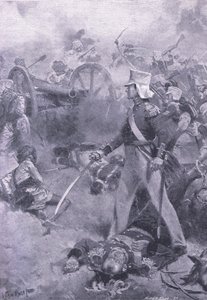 Chilianwala, 13. Januar 1849: Der Leichnam von Pennycuick bewacht von seinem Sohn, Illustration aus British Battles on Land and Sea, 1915 von Wal Paget
