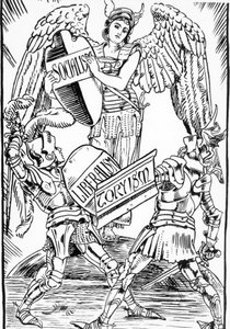 Allegorie von Walter Crane: Der Sozialismus triumphiert hart im Kampf zwischen Liberalismus und Toryismus (Englische Konservative Partei). Stich aus dem späten 19. Jahrhundert. von Walter Crane
