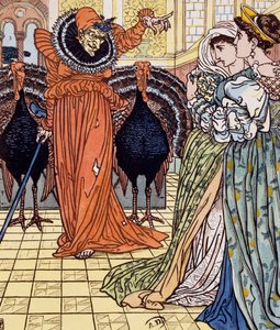 Erscheinung einer Hexe begleitet von zwei Pfauen, Gravur nach einer Zeichnung von Walter Crane (1845-1915)