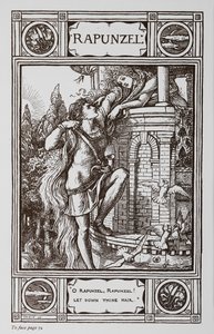 Rapunzel lehnt sich aus dem Fenster eines Turms, während ein Prinz an ihrem Haar hochklettert