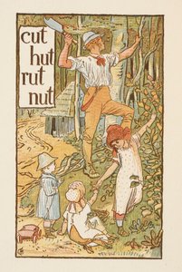 Reimwörter, die mit dem Buchstaben T enden. Eine Illustration, die einen Mann zeigt, der einen Baum fällt. Drei Kinder sind bei ihm. Der goldene Primer. von Walter Crane