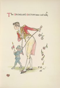 Der Junggesellenknopf. Ein junger Mann ist an den Handgelenken gefesselt; Amor führt ihn von Walter Crane