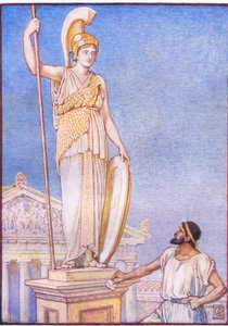 Die Figur der Göttin war eine kolossale, Illustration aus Die Geschichte Griechenlands, 1930er Jahre von Walter Crane