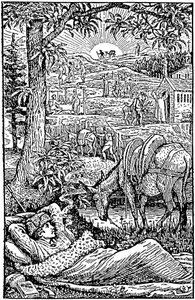 Reisen mit einem Esel in den Cevennen, von Robert Louis Stevenson. Abend, der Schriftsteller träumt während eines Nachtstopps, nahe seiner Eselin Modestine. Frontispiz der ersten englischen Ausgabe (1879), Holzschnitt von Walter Cra von Walter Crane