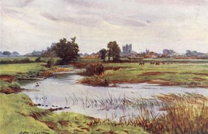 Wessex: Der Stour, Wimborne Minster in der Ferne von Walter Frederick Roofe Tyndale