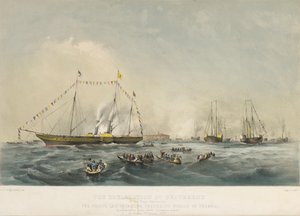 Das Einschiffen von Prinz Friedrich Wilhelm IV. von Preußen (1795-1861) und seiner Frau Elisabeth von Bayern (1801-1873) an Bord des Schiffes Victoria und Albert, in Gravesend, England, am 2. Februar