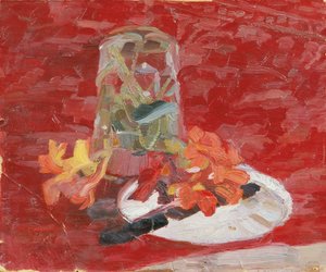 Stillleben mit Wasserglas und Blumen