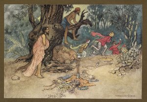 Tafel 15: "Sie rannten in großer Angst davon und ließen das Geld und die Juwelen zurück", aus Folk-Tales of Bengal ... Mit 32 Illustrationen in Farbe von Warwick Goble (Edition de luxe) von Warwick Goble