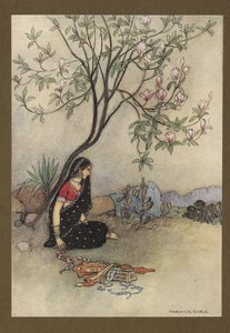 Tafel 28: "So wurde die Prinzessin verlassen.", aus Folk-Tales of Bengal ... Mit 32 Illustrationen in Farbe von Warwick Goble. (Edition de luxe.) 1914 von Warwick Goble