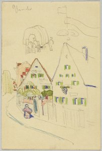 Gasse mit Satteldachhäusern und Planwagen von Wassily Kandinsky