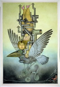 Balancierendes Mädchen auf mechanischem Vogel auf Seil von Wayne Anderson