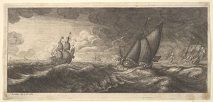 Eine Yacht und drei Kriegsschiffe in einem Sturm, 1665 von Wenceslaus Hollar